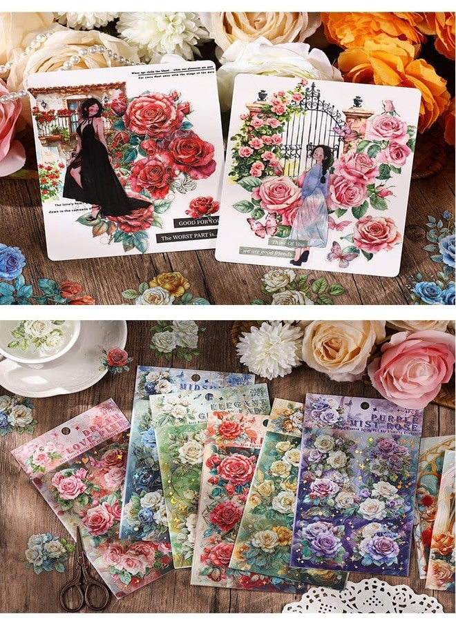 SAMVARDHAN Vintage Floral Rose Sticker Set- 24 PET Waterproof Seal Sheets, Glossy Die-Cut Decorative Background Paper Sticker Collage for Journaling & Scrapbooking,Pack of 6 - Image 5